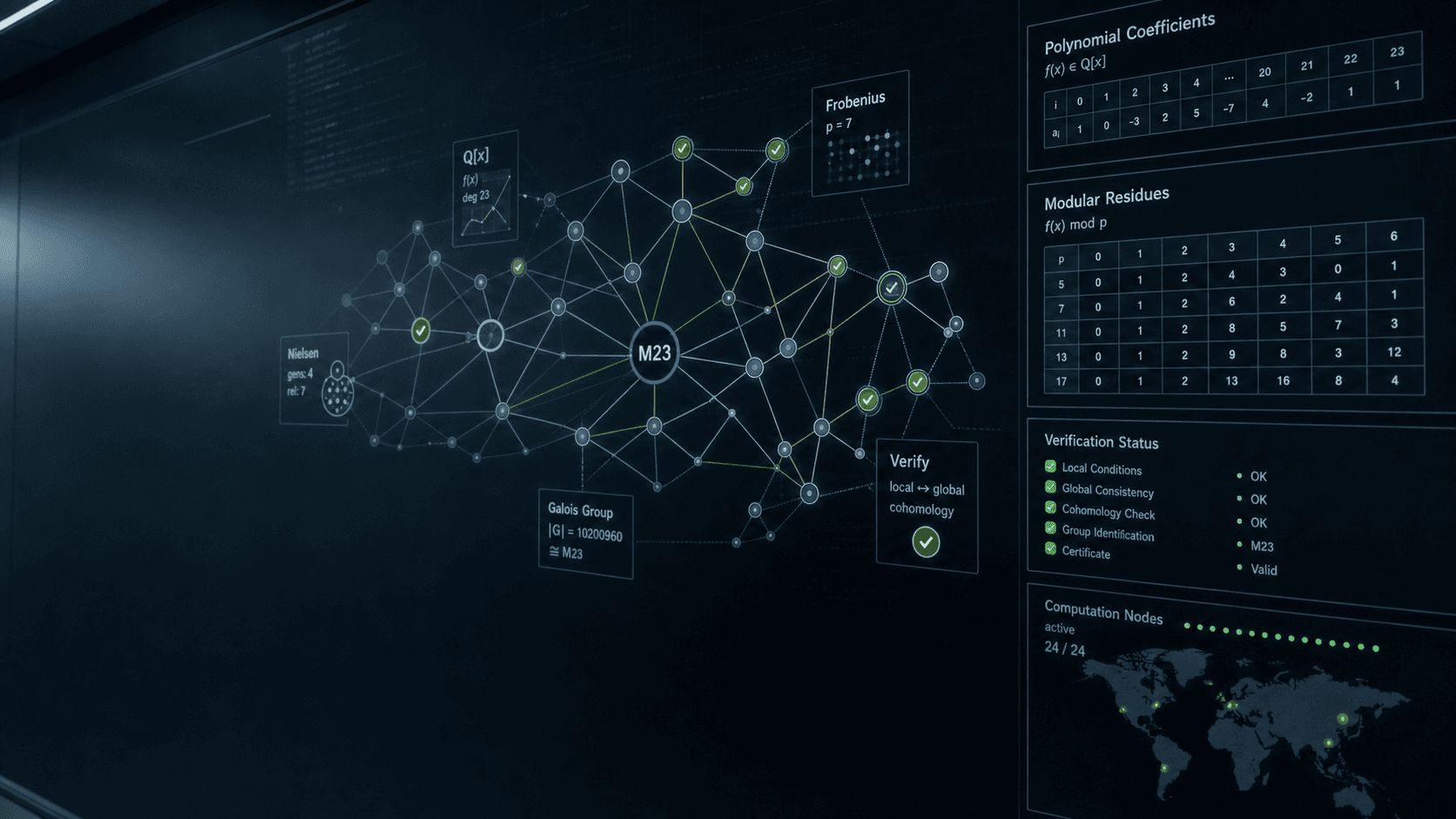 Distributed computation dashboard for M23 Galois group verification